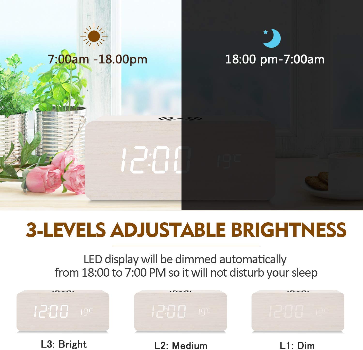 Reloj despertador digital inalámbrico de madera con luz LED para mesa, escritorio o mesita de noche, modo de sueño, fecha, Celsius/Fahrenheit, 12/24 horas, 3 alarmas, control de sonido, brillo