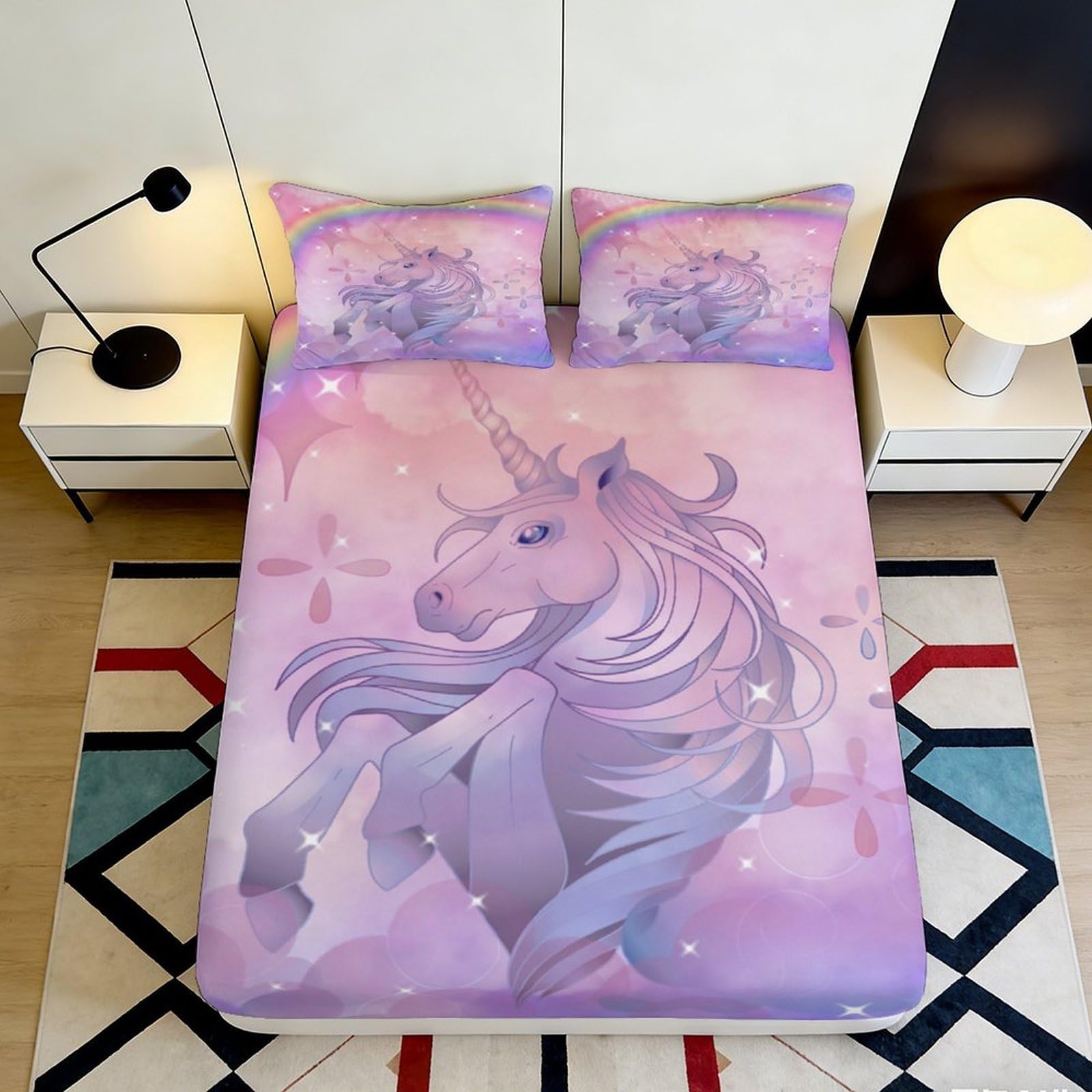 3D Printed Pink Unicorn Fitted Sheet Microfiber Anti-Slip Pastel Rainbow Bed Cover for Bedroom Guest Room Mattress Decor 180x200x25cm