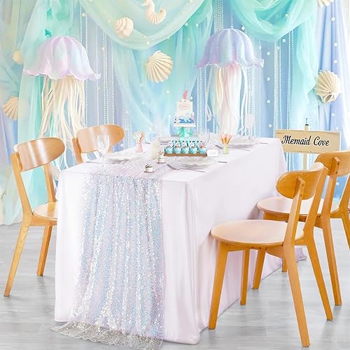 Miniatura 2 de Camino de mesa de lentejuelas blancas de 25 x 120 pulgadas, camino de mesa de boda iridiscente de sirena de 10 pies para decoración de mesa de