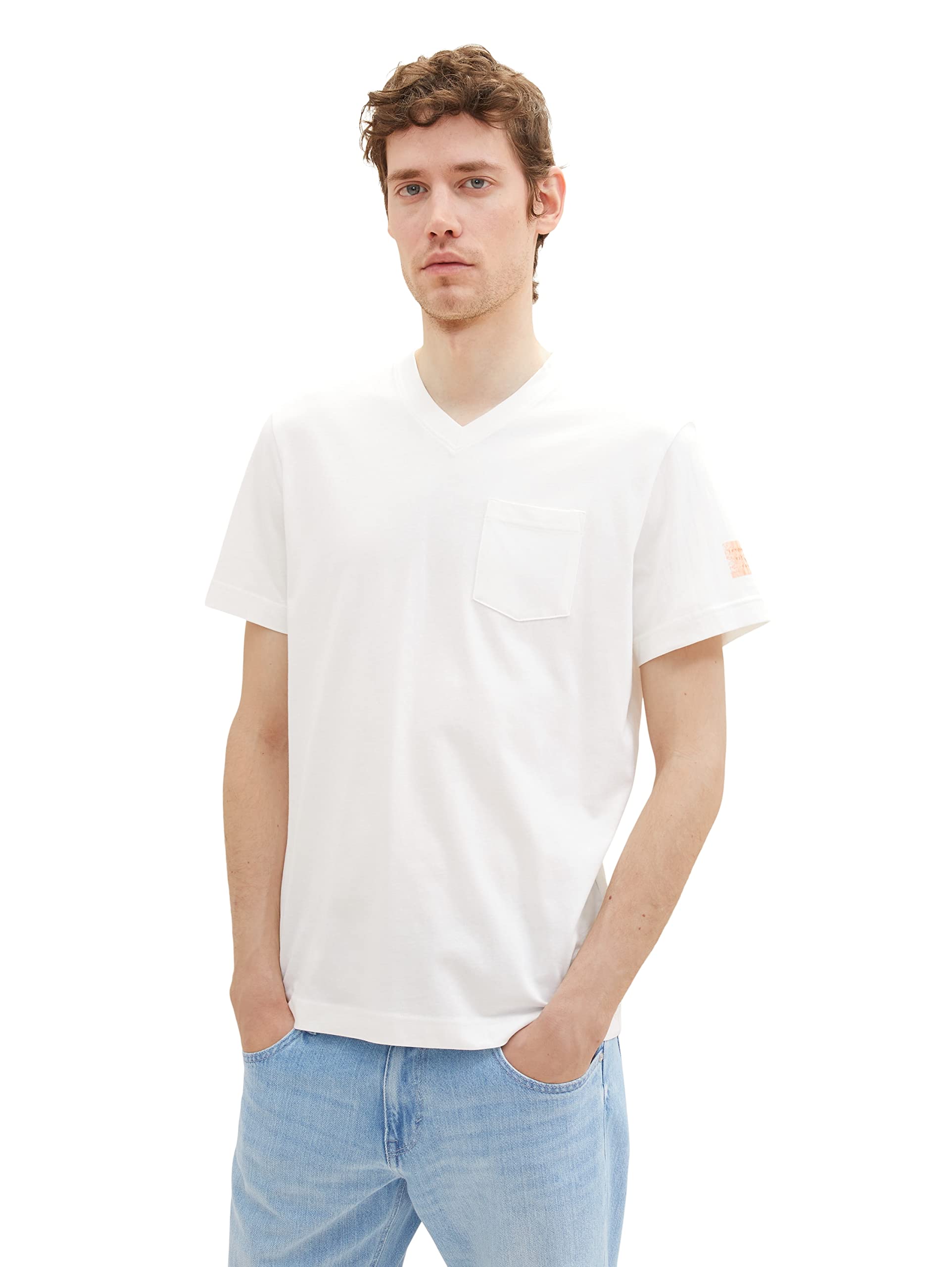 TOM TAILOR Men's Washed V-Neck T-Shirt, 10332 - Off White, M