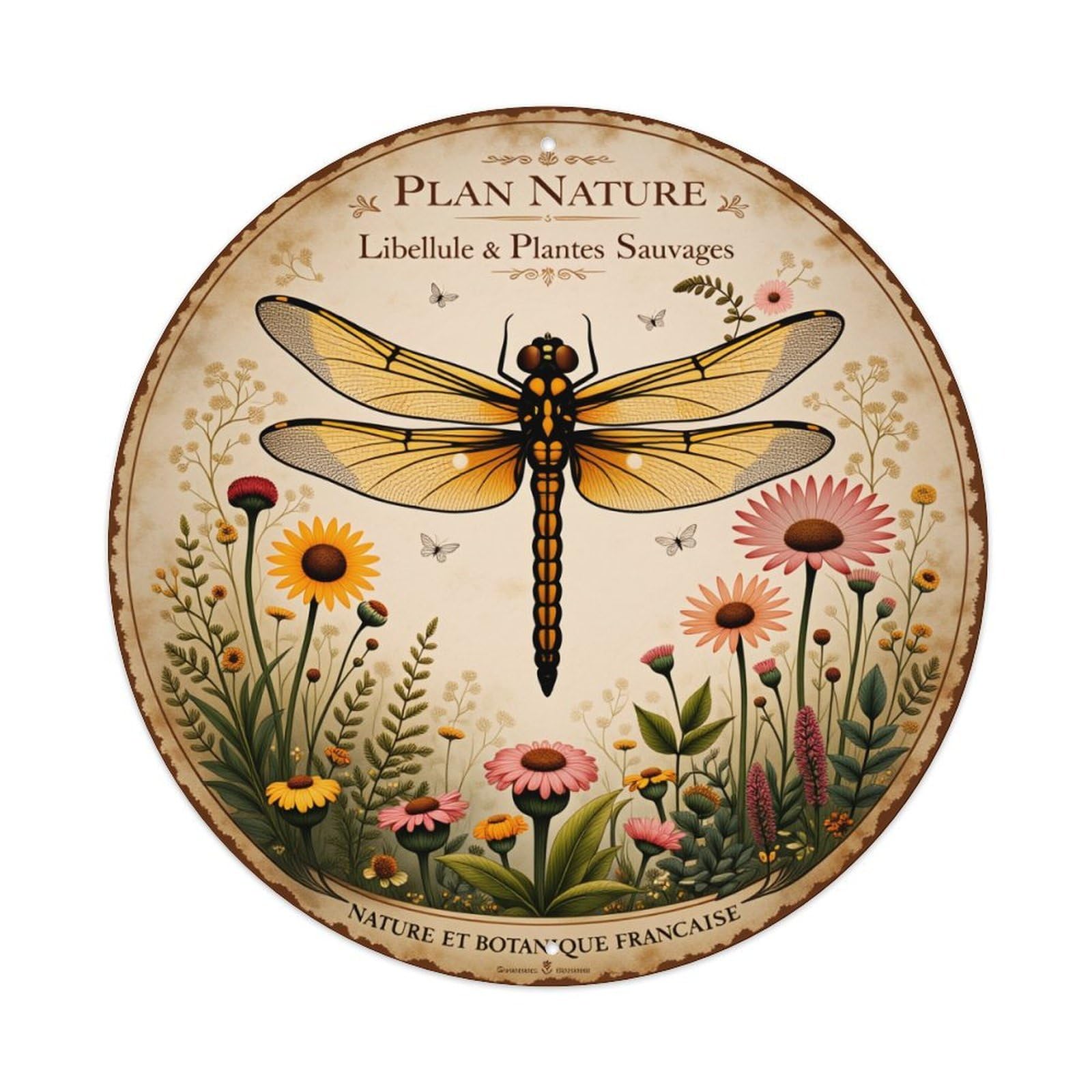 Dragonfly And Wildflowers Pattern Vintage Metal Tin Sign Retro Wall Decor for Home Bar Garage Cafe, Indoor & Outdoor Decorative，circle Metal Poster, 8x8 Inch