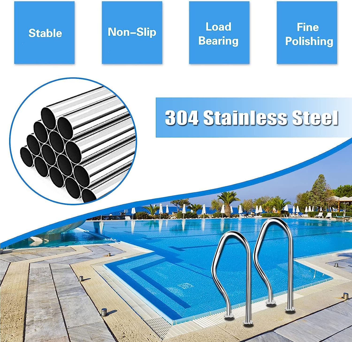 Rampe d'escalier de piscine en acier inoxydable – Main courante durable pour une utilisation sous l'eau – 1 mm d'épaisseur – Main courante de piscine pour plus de sécurité et de stabilité