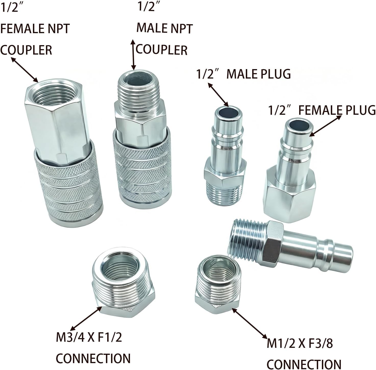 7PCS 1/2 inch NPT Industrial Air Hose Fittings Kit, Includes Male & Female Quick Connect Couplers and Plugs, for Pneumatic Tools, Automotive, Factory Use