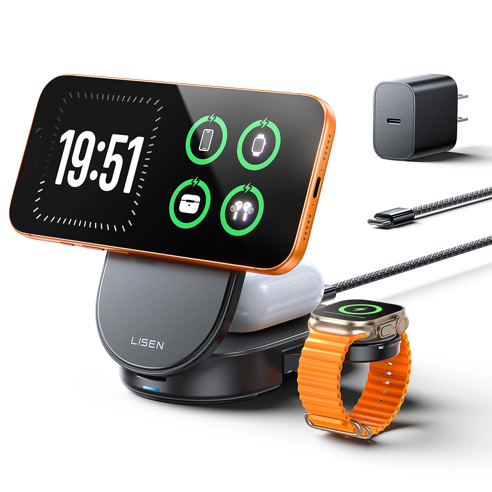 LISEN 3 in 1 MagSafe Ladestation Apple,【25W & Qi2.2】 Ladestation Apple Watch und iPhone, 70° Einstellbare Magsafe Ladegerät für iPhone 17 Pro Max/16/15/14/13, AirPods, Mit 45W Schnelllade-Netzteil