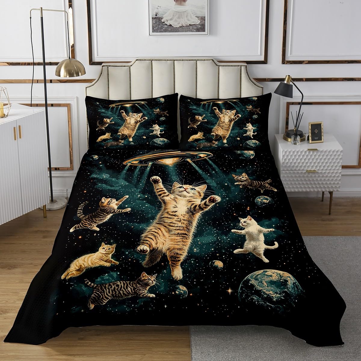 jejeloiu Galaxy Cats Bedspread Twin Size Kids Kitten Print Coverlet Set for Boys Girls Teens Outer Space Quilted Coverlet Breathable Soft Lightweight Black Room Decor
