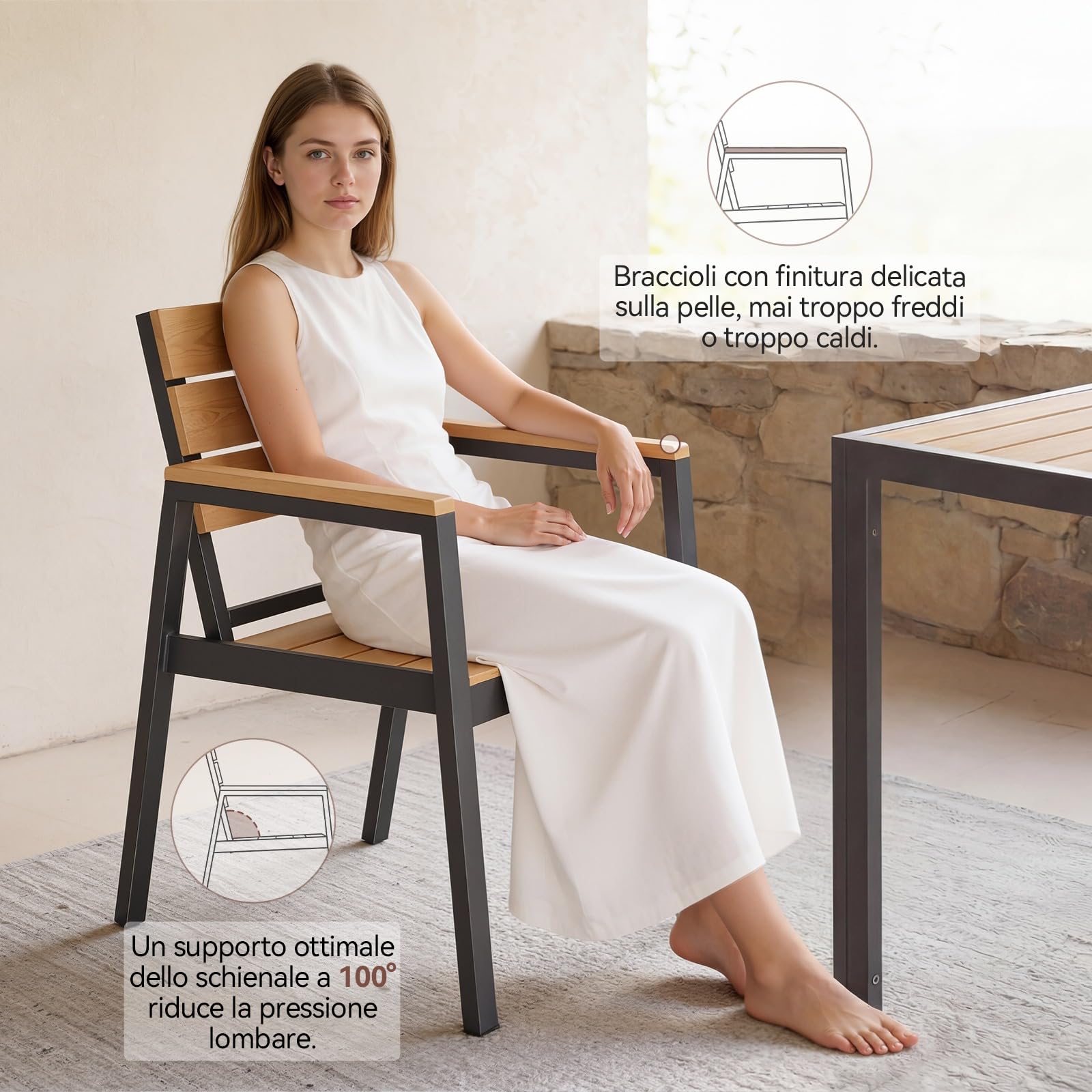 Devoko HDPS Set Tavolo e Sedie da Giardino 9 Pezzi Alluminio Finitura Vena di Legno 189 cm Naturale