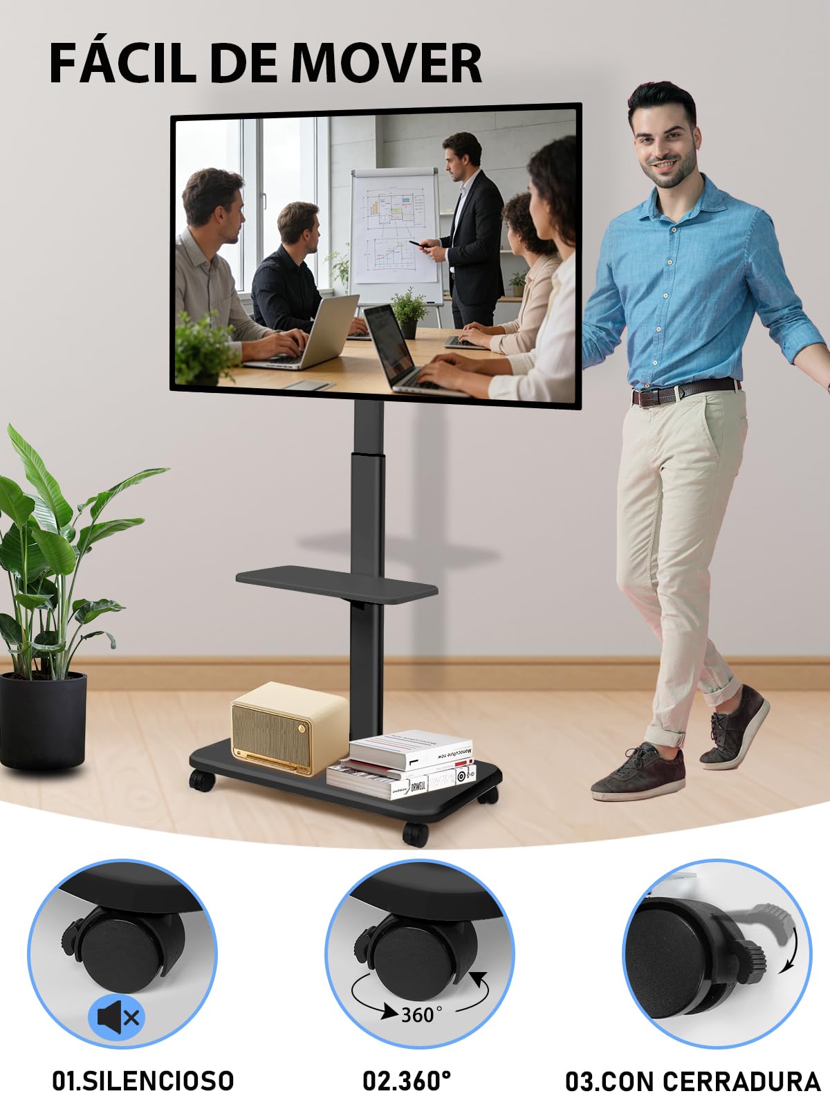 Soporte para TV móvil de 32 a 70 Pulgadas, Pantalla Plana LED/LCD/OLED, Ajustable en Altura, Soporte para TV portátil con Ruedas hasta 100 kg, para Dormitorio y Exteriores