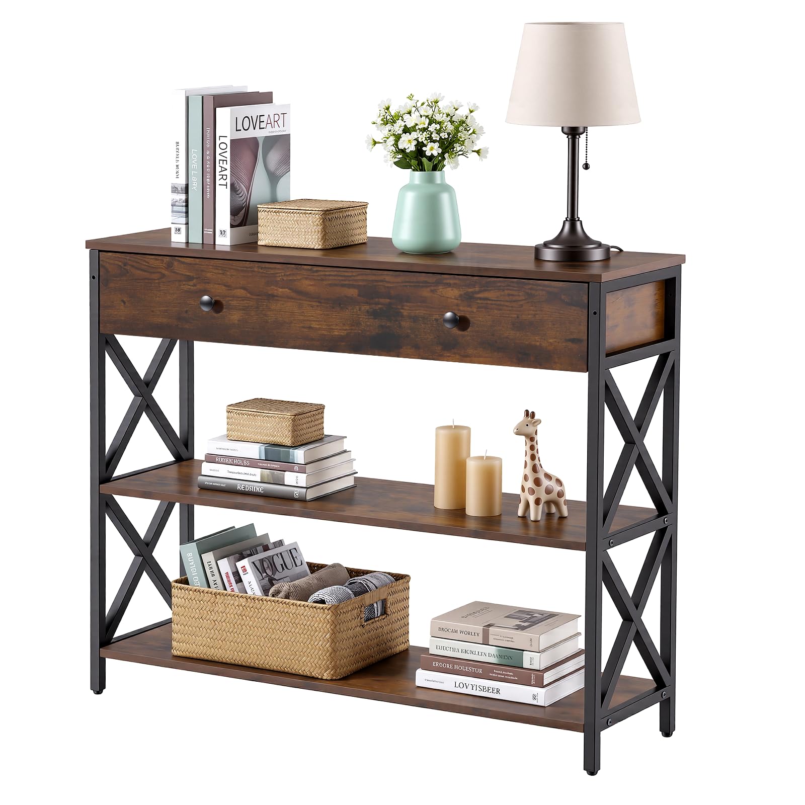 Panana Slim Console Table,Hallway Table 100x29.5x82cm,Rustic Brown | Large Drawers & 2 Shelves, X-Shaped Side Supports,3-Tier Sofa Table with Storage for Small Spaces, Living Room, Office