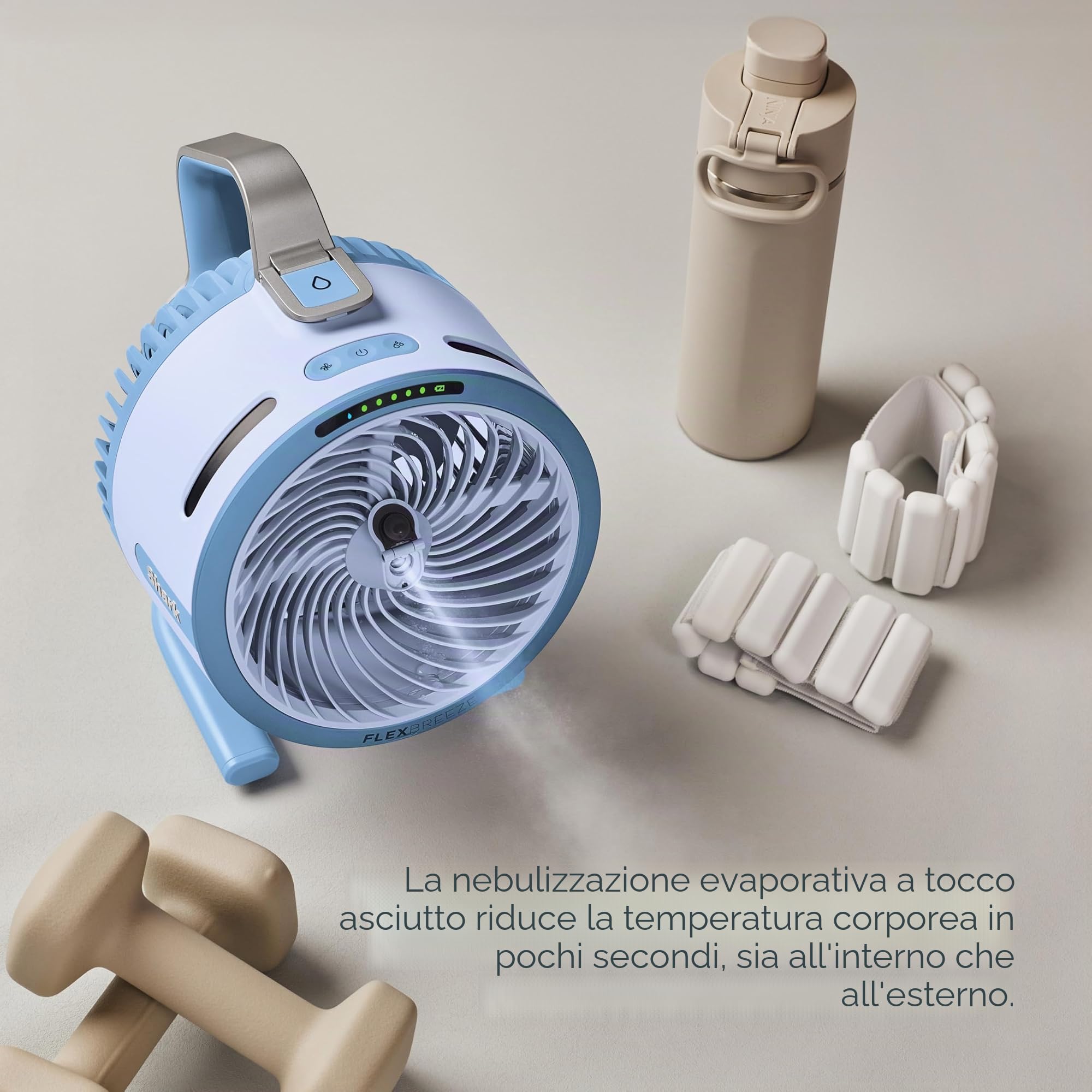 Ventola Shark FlexBreeze HydroGo Pro, potente ventilatore portatile, per interni ed esterni, nebulizzazione evaporativa a secco con filo e cordless, 5 velocità, autonomia prolungata della batteria