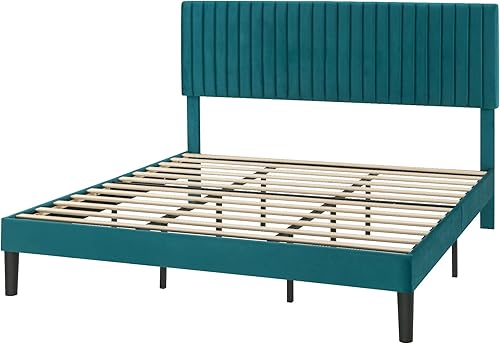 Miniatura 56 de HOOMIC Base de cama de plataforma de tamaño matrimonial, cama tapizada de terciopelo moderno con cabecera capitoné de canal vertical ajustable,