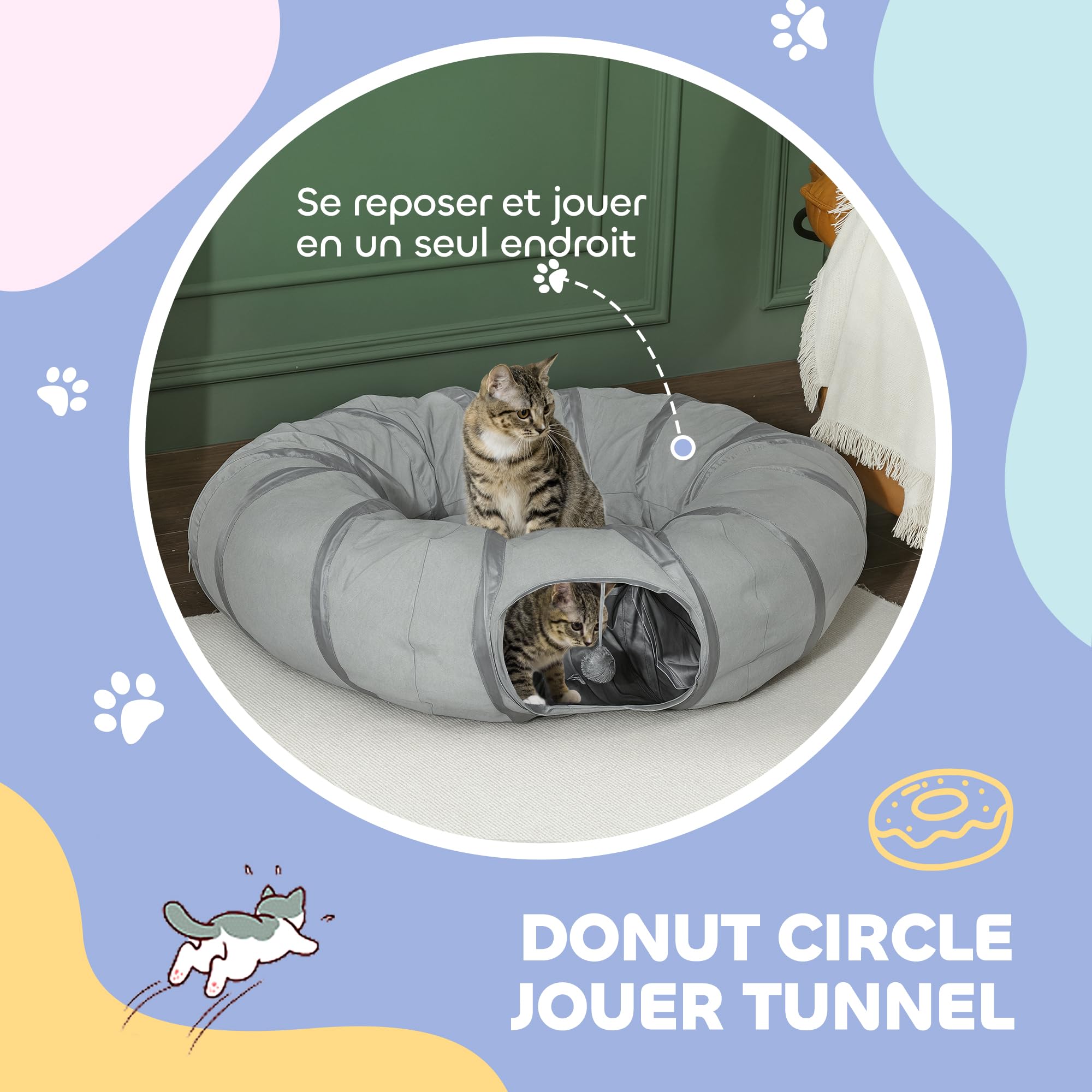 PawHut Tunnel pour Chat intérieur, Rond Tunnel avec lit Pliable avec Coussin, Trous pour balles et Judas, en Tissu suède Doux, Jeux interactifs pour Chatons, Chiots, Lapins et Petits Animaux, Gris