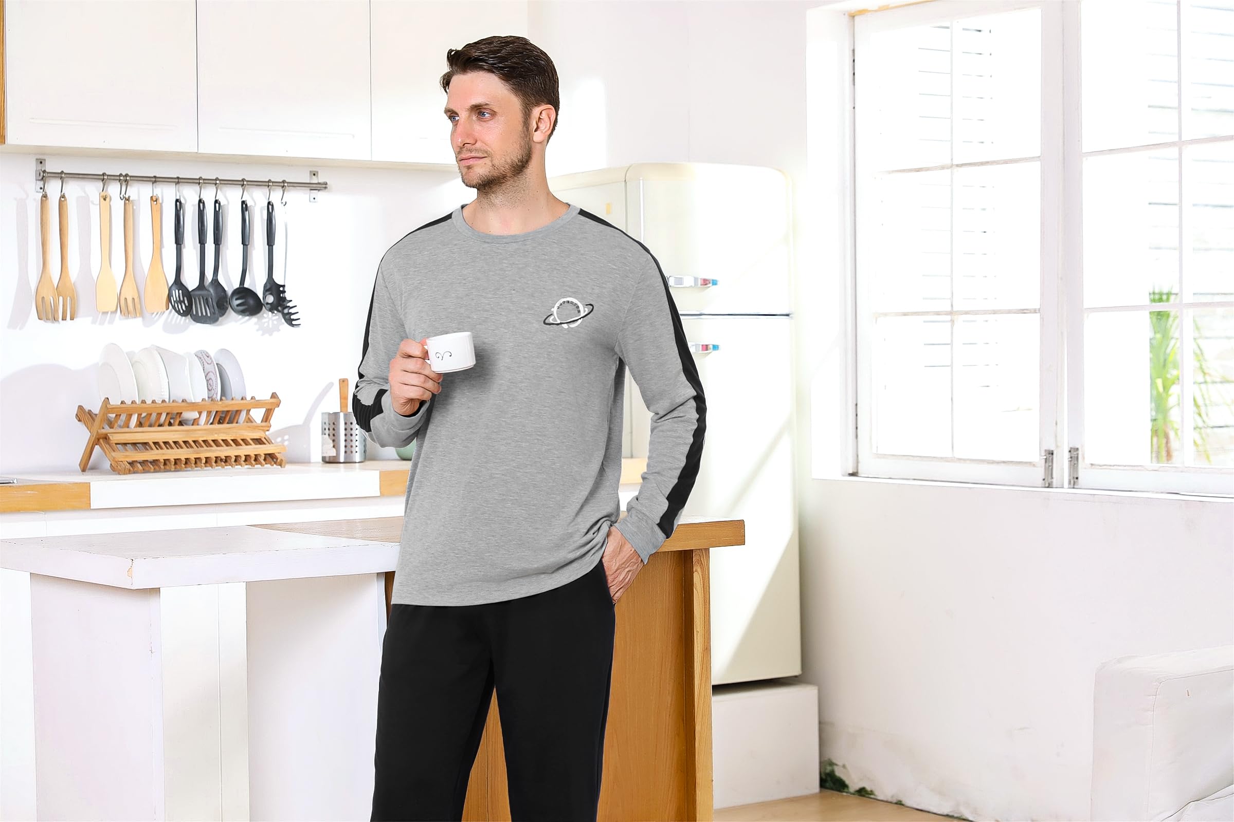 Pigiama Uomo Invernale in Cotone Due Pezzi Maniche Lunghe Leggero | Tessuto Morbido, Pantaloni Lunghi, Vestibilità Comoda, Calore Confortevole, Autunno e Inverno, Tessuto Traspirante