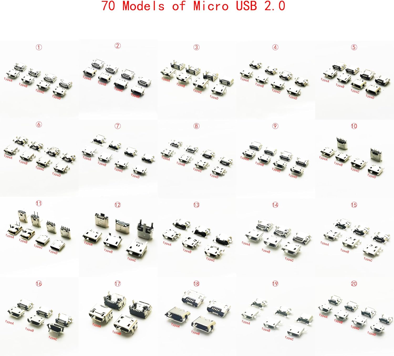 10pcs 70Models Micro USB 2.0 Connector B Type 5Pin Female Phone Speaker Tail Charging Plug Socket USB 2.0 Jack Soldering - (Color: NO.12, Package: 30pieces, Pins: Type D)