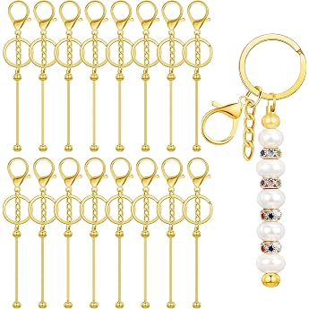 CECOMBINE Pack of 16 Beads Key Ring Rods Blank Metal Blanks Key Ring Strips for Women & Men DIY Jewellery Making Pendants Crafts Charms Accessories Gold