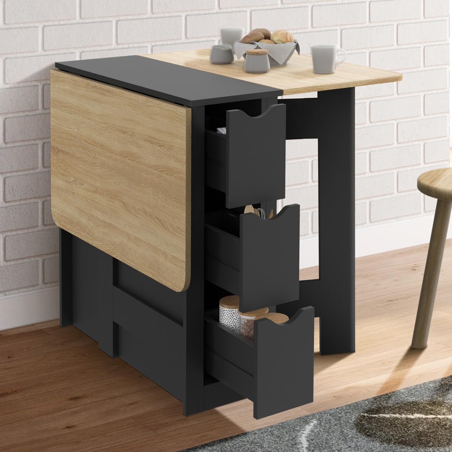 IDMarket - Table Console Pliable EDI 2-4 Personnes 103 x 76 cm | Avec plateau façon hêtre et 3 tiroirs noirs
