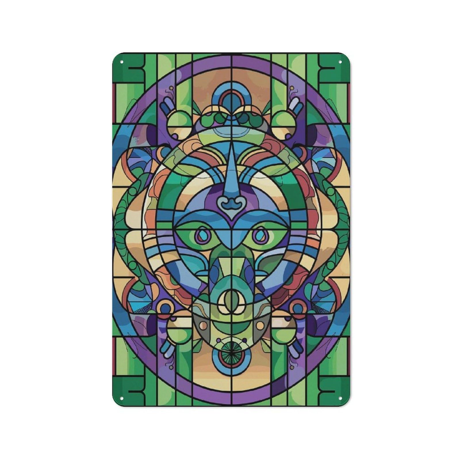 Junmoney Style-17 Stained Glass Mandala Face Decorative Tin Sign 30X20cm, Distressed Look Vintage Wall Decor For Lounge, Study, Pub Or Wall Gallery
