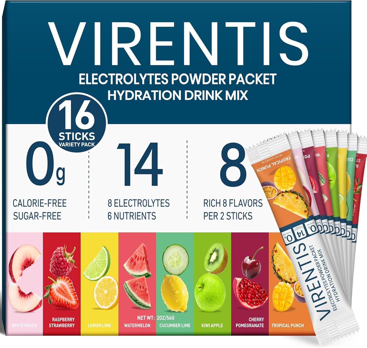 16 Sticks Electrolytes Powder Packets Sugar Free Hydration Packets, 8 Flavors Liquid Daily IV Electrolyte Drink Mix for Rehydration with 8 Electrolytes & 6 Vitamins, 0 Calorie, Low Sodium