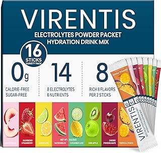 16 Sticks Electrolytes Powder Packets Sugar Free Hydration Packets, 8 Flavors Liquid Daily IV Electrolyte Drink Mix for Rehydration with 8 Electrolytes & 6 Vitamins, 0 Calorie, Low Sodium