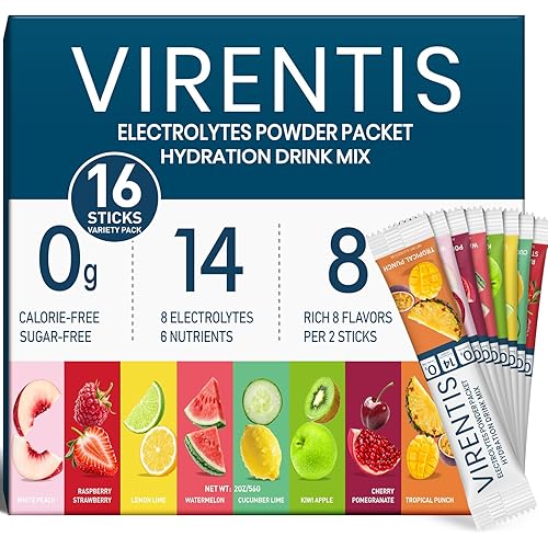 16 Sticks Electrolytes Powder Packets Sugar Free Hydration Packets, 8 Flavors Liquid Daily IV Electrolyte Drink Mix for Rehydration with 8 Electrolytes & 6 Vitamins, 0 Calorie, Low Sodium