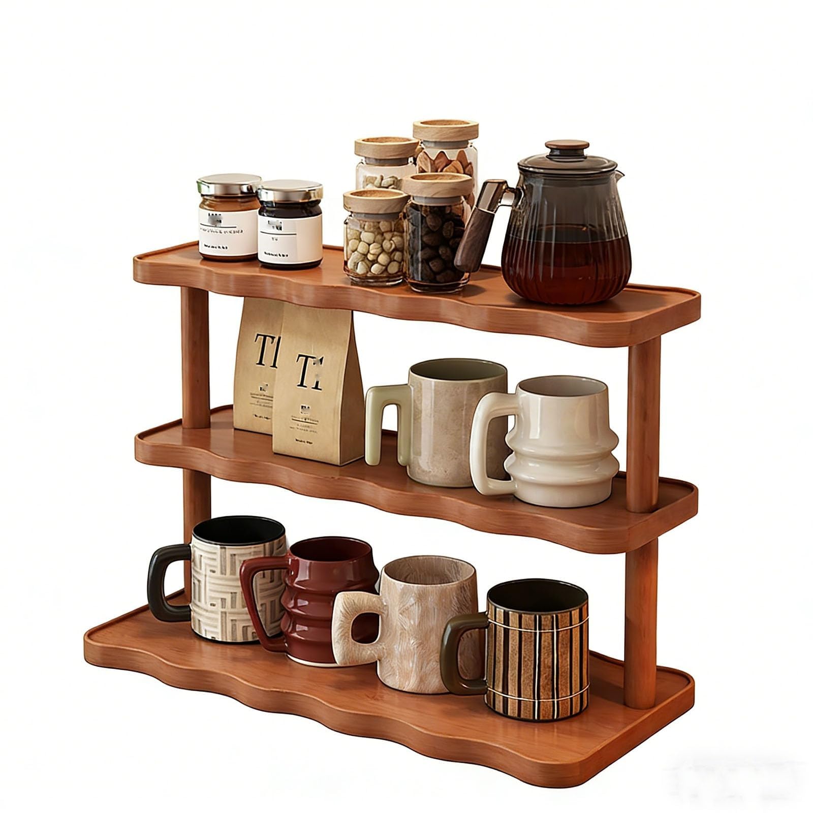 Bamboo Multi-Tier Storage Shelf, Space-Saving Wooden Organizer with Large Tabletop, Heavy-Duty Load Capacity for Kitchen, Bathroom, Living Room (Deep Tea Brown, 3 Tier)