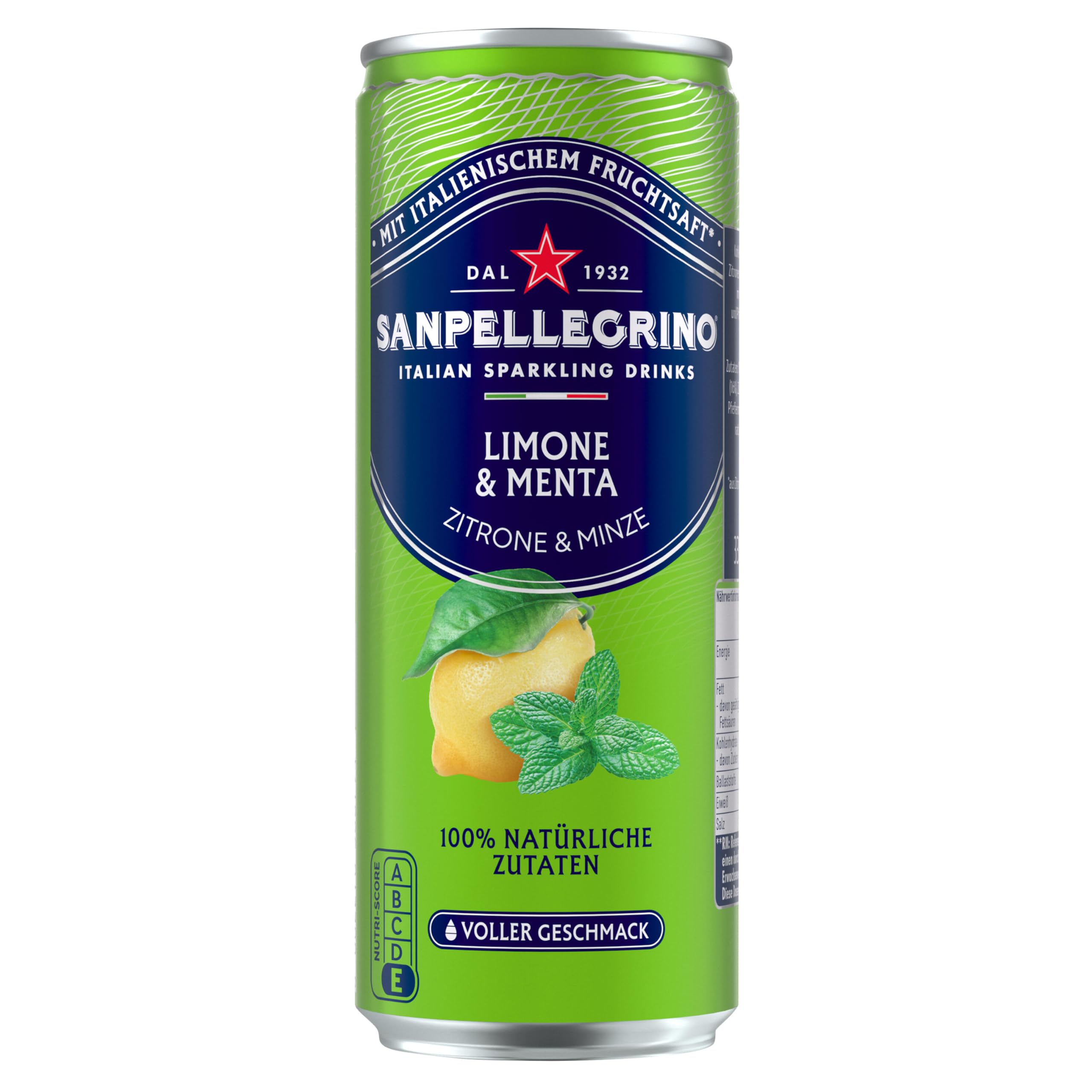 San Pellegrino Limone & Menta, Zitrone-Minze-Limonade mit 16% Zitronensaft (aus Konzentrat), 24er Pack (24 x 330ml) Einweg-Dosen