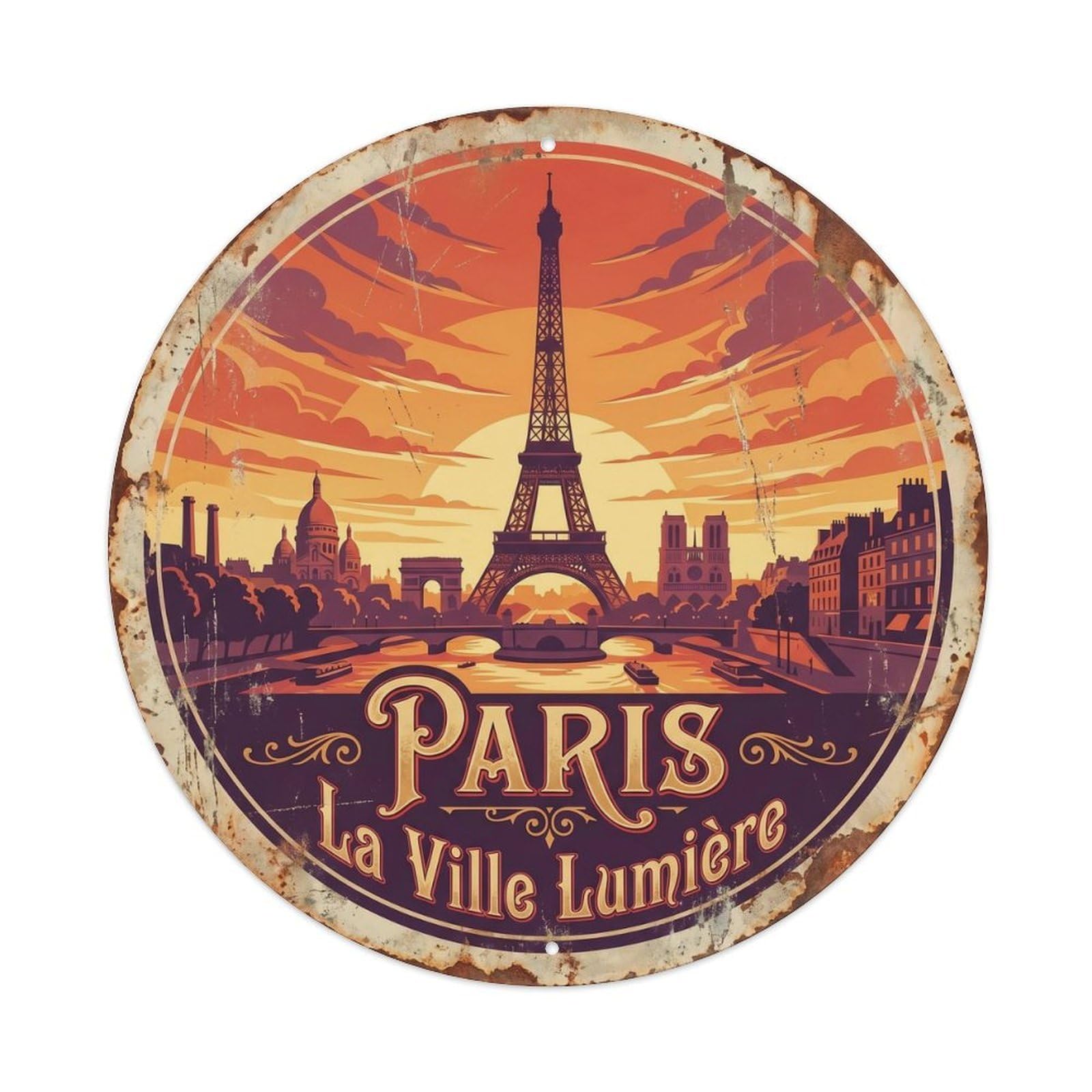 Vintage Travel Parisian Eiffel Landmark Metal Tin Sign Plaque Wall Decor for Cafe, Club, Garden Round Metal Poster 8x8Inch