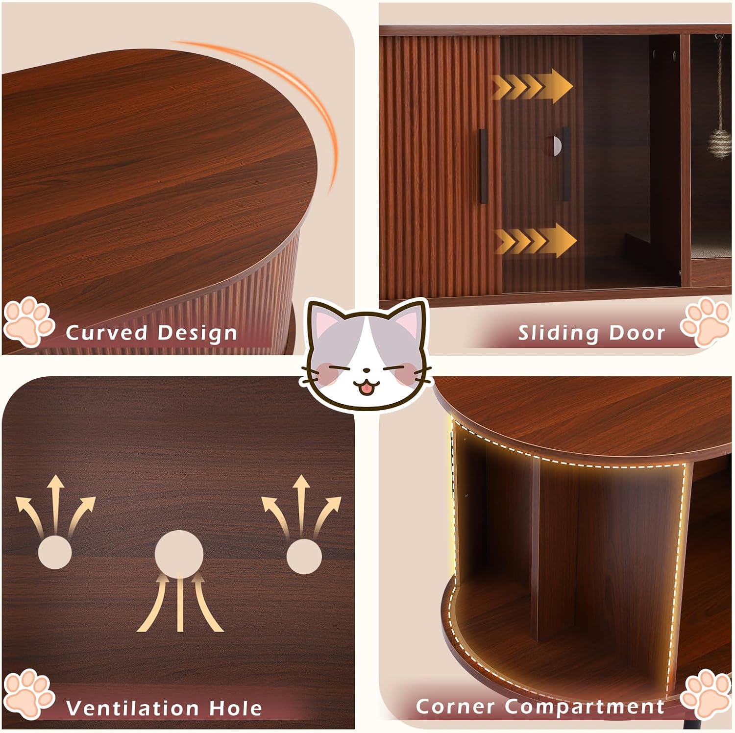 Cat Litter Box Furniture, Hidden Litter Box Cabinet with Cat Scratch Pad and Ball, Wooden Cat House Enclosure for Living Room, Bedroom, Entrance (Brown, 63" L x 17.5" W x 21.7" H)