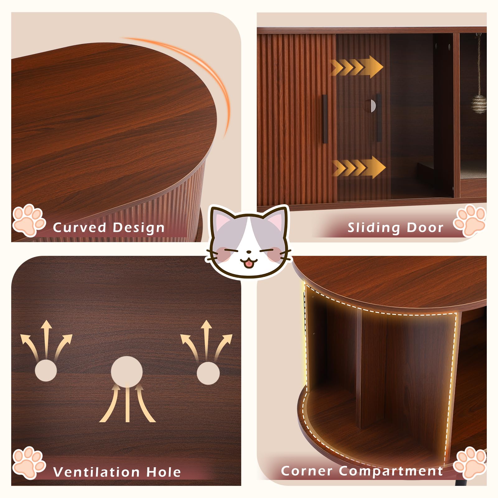 Cat Litter Box Furniture, Hidden Litter Box Cabinet with Cat Scratch Pad and Ball, Wooden Cat House Enclosure for Living Room, Bedroom, Entrance (Brown, 37.4" L x 16.6" W x 21.7" H) - image 2