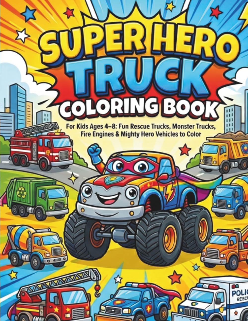 Super Hero Truck Coloring Book: For Kids Ages 4–8: Fun Rescue Trucks, Monster Trucks, Fire Engines & Mighty Hero Vehicles to Color (Cute Heroes Coloring Books)