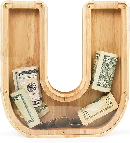 WOOD CITY Alcancía de letras para adultos, niños y niñas, de madera de 9 pulgadas, caja de dinero grande personalizada, con nombre personalizado,