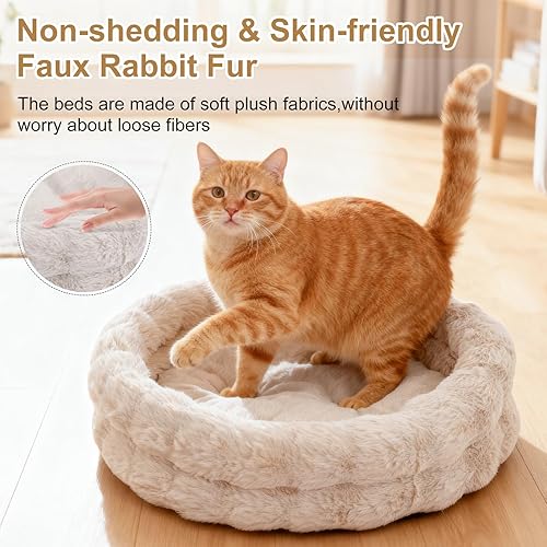 Miniatura 5 de Cama redonda esponjosa para mascotas, para gatos, cama para gatos y gatos para uso en interiores, lavable a máquina, de piel sintética y parte