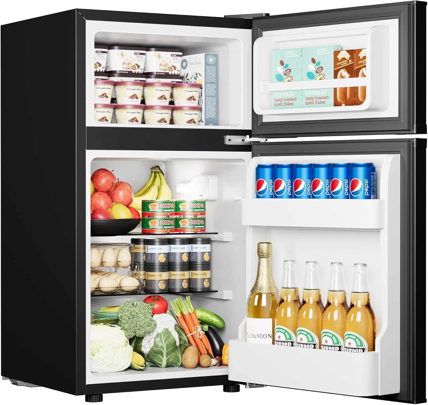 EUHOMY Refrigerador de 3.2 pies cúbicos con congelador, refrigerador de 2 puertas, termostato ajustable, gran capacidad, refrigerador para