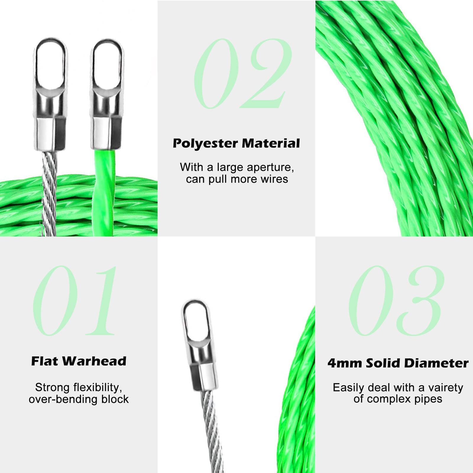 50M Aiguille Electricien, Tire Fils Electrique Aiguille Tire Fil avec 2 Ressorts de Guidage, Tire Cable Electrique Diamètre 4 mm pour Pose Conduit de Sol