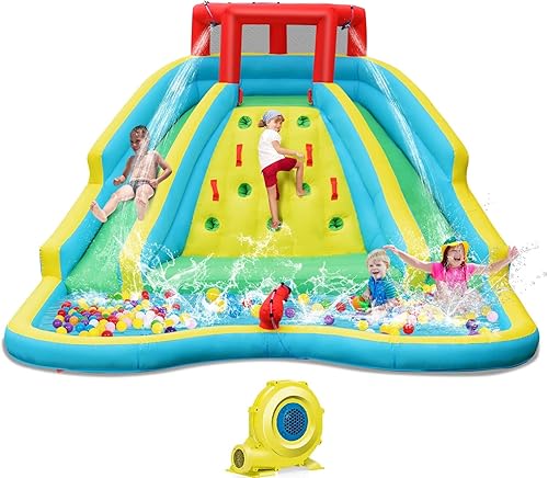 OLAKIDS Tobogán acuático inflable, casa de rebote 5 en 1 con 2 toboganes, pared de escalada, piscina grande, pistola de agua, castillo de salto al