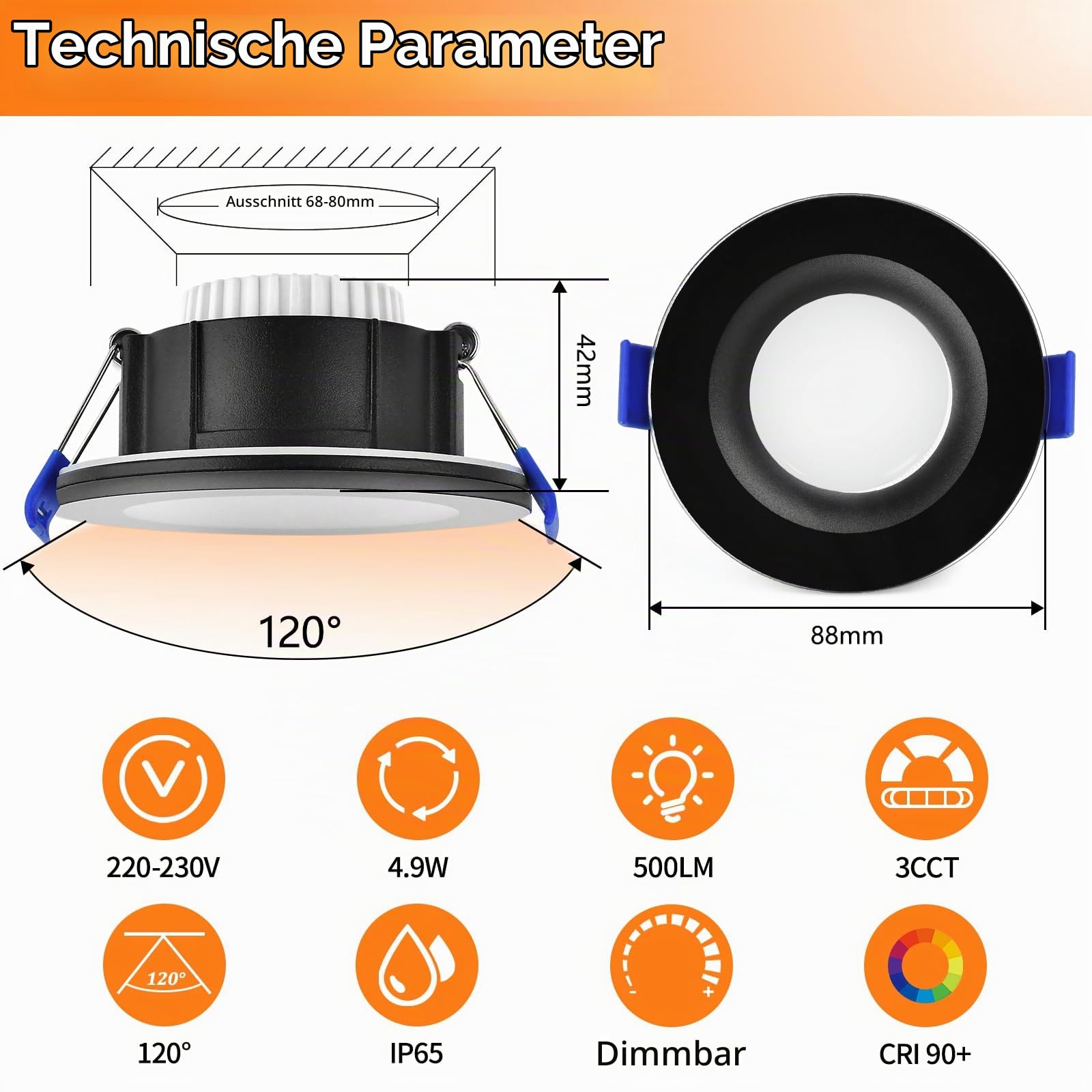 YindaLux LED Einbaustrahler 230V Dimmbar Flach LED Spots 5W IP65 Deckenspots Warmweiß Neutralweiß Kaltweiß Einbauleuchten 68mm 500LM Einbauspots für Badzimmer Wohnzimmer Rund Led Spot Schwarz, 6er Set