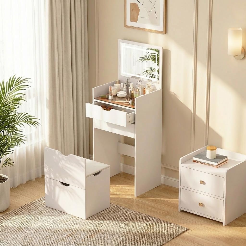 3-in-1 Vanity with Mirror and Lights, Modern Compact Vanity Table with 3 Storage Drawer, Small Makeup Vanity Desk, Dressing Table with Cushioned Stool for Bedroom, Cloakroom (White)