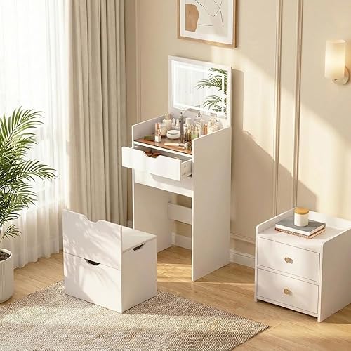 3-in-1 Vanity with Mirror and Lights, Modern Compact Vanity Table with 3 Storage Drawer, Small Makeup Vanity Desk, Dressing Table with Cushioned Stool for Bedroom, Cloakroom (White)