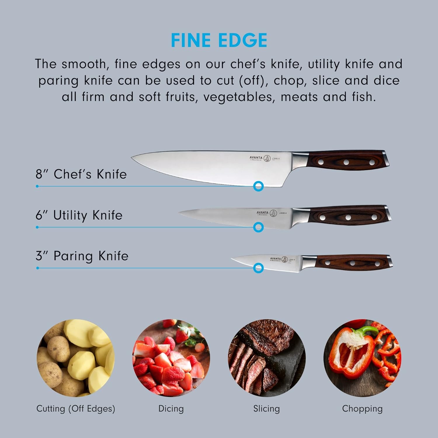 Messermeister Avanta Forged 3-Piece Pakkawood Starter Set - German X50 Stainless Steel - Includes 8” Chef’s Knife, 6” Utility Knife & 3” Paring Knife