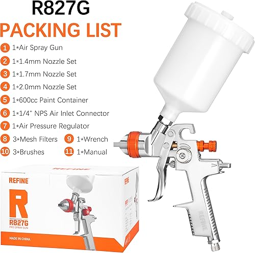 Miniatura 9 de REFINE Kit de pistola de pulverización, pistola de pintura automática con juegos de boquillas de 1.4/1.7/0.079 in, taza de 600 cc, pistola de