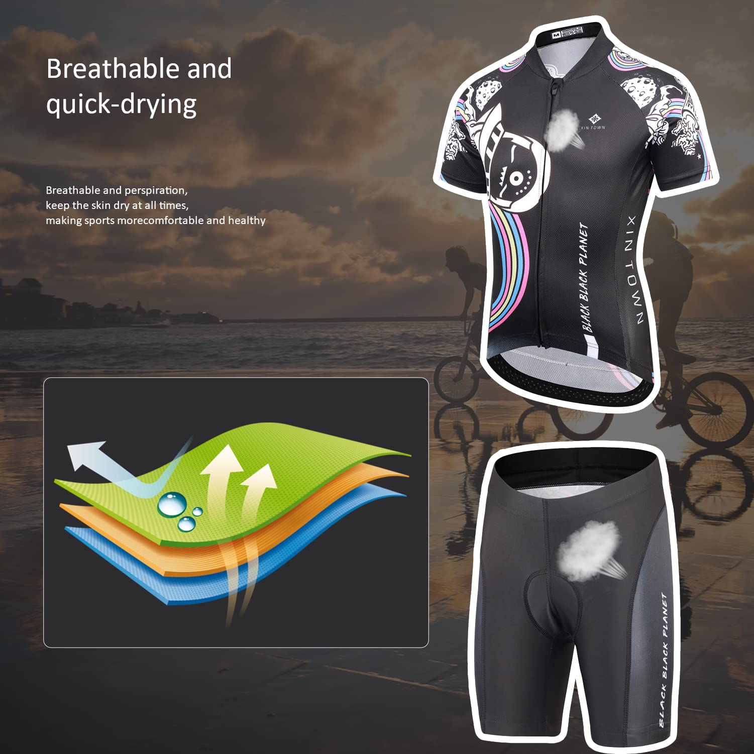 Maillot Cyclisme Enfant Unisexe Élastique Chemise à Manches Courtes et Cuissard VTT Rembourré Confortable à Séchage Rapide pour Garçon Fille