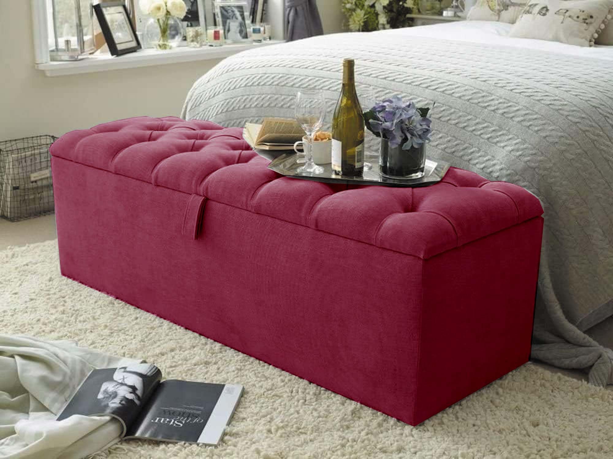 Chesterfield Ottoman Storage Bench - Pouffe Stool Footstool Ottoman Storage Box in 3ft 4ft 4ft6 5ft 6ft Sizes - In Chenille Fabric with Matching Buttons (Purple Chenille, 3ft Single Size) — image 1