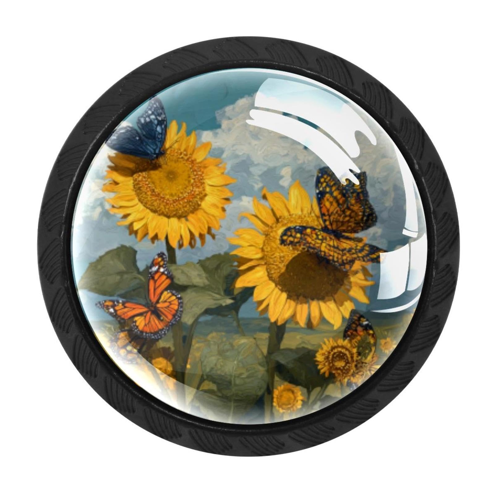 Chenzzzz Multicolored 06 4Pcs Butterflies Sunflowers (3) Dresser Knob Round Glass Drawer Knobs Pulls Cabinet Handle For Home Kitchen Office Bathroom Wardrobe Cupboard