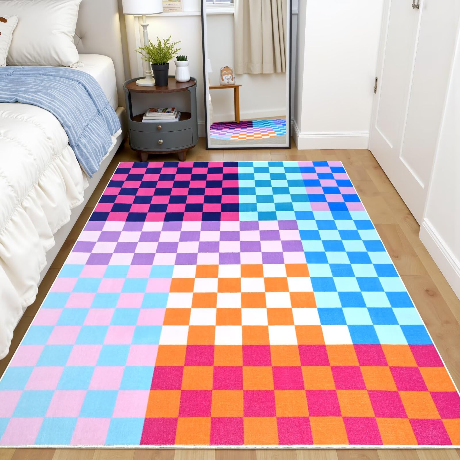 Terrug Multicolored Checkered Rug for Bedroom,3x5 Area Rugs Washable with Non Slip for Living Room,Soft Low Pile Stain Resistance Retro Carpet for