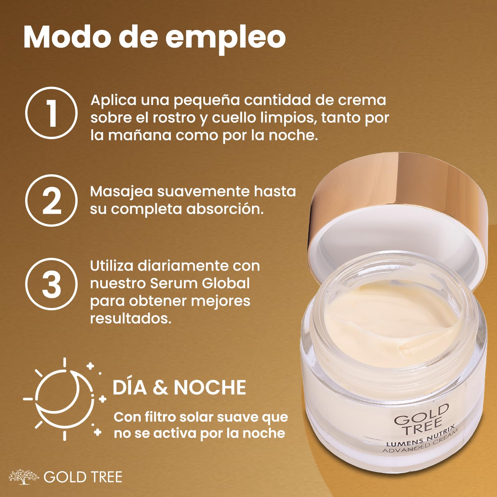 GOLD TREE Crema Antiedad Iluminadora Ácido Hialurónico 4D. Textura Media | Luminosidad, Firmeza y Confort – Piel Madura a Partir de 50 Años – Skincare Día y Noche – 50 ml