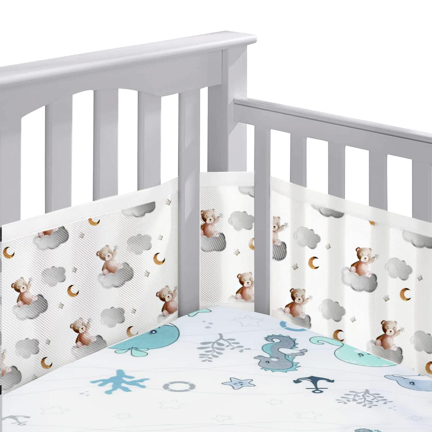 Bettumrandung Babybett,2 Pack Baby Nestchen Bettumrandung,Kopfumrandung Babybett,Atmungsaktive Krippenumrandung,Babybett Atmungsaktiver Kollisionsschutz,Nestchen für Kinderbetten,Babybett Umrandungen