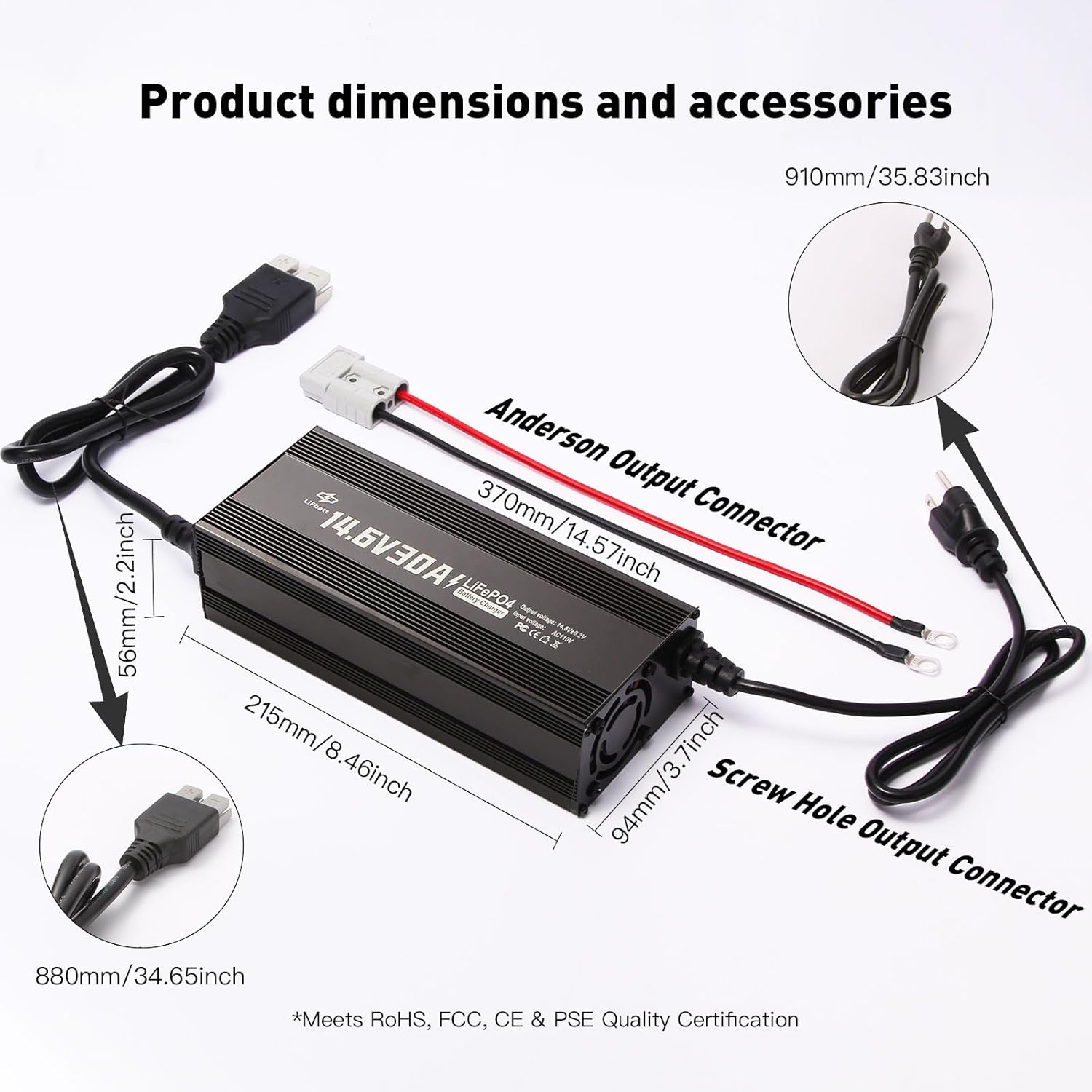 LiFePO4 Battery Charger 12V 30A Output 14.6V with Anderson Connector and M8 Adapter Cable, for Deep Cycle Rechargeable LiFePO4 Lithium Batteries Charging