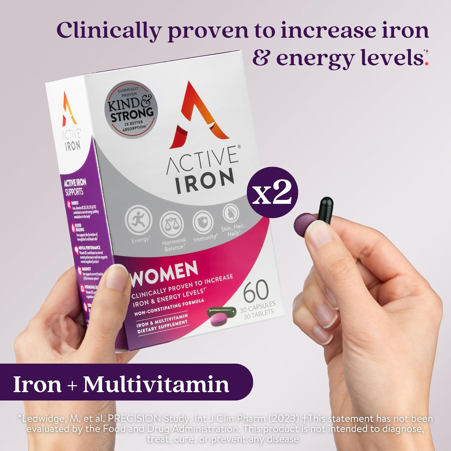 Active Iron Supplement 25mg + Multivitamin for Women – Clinically Proven to Increase Energy & Reduce Tiredness – Gentle, Non-Constipating Iron + Women’s Multivitamin – 60 Capsules + 60 Tablets - Image 2