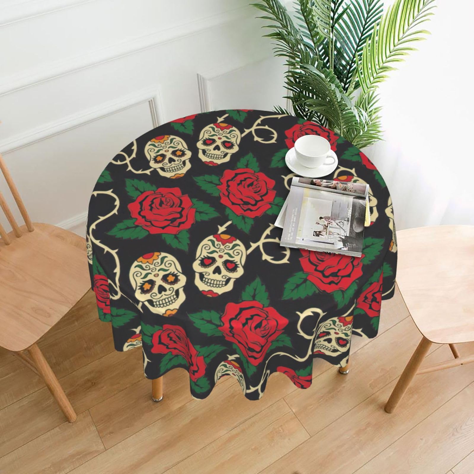 VCzsdff Rose and skull Print Stain Resistant Round Tablecloth 60in Family Friendly Polyester Cloth for Kids Meals