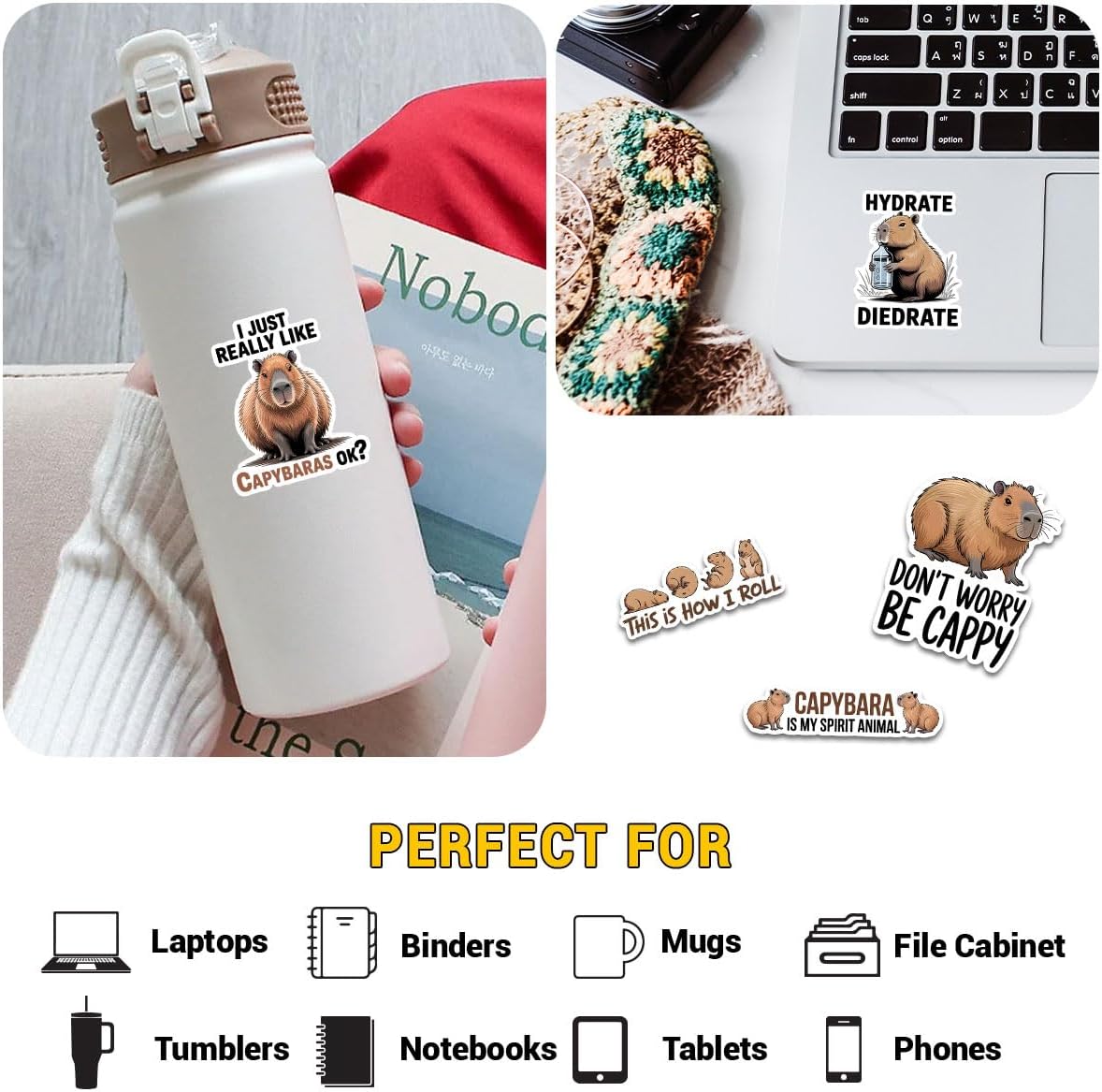 (10Pcs-3in) Capybara Stickers Pack – “Capybara is My Spirit Animal”, “Don’t Worry Be Cappy”, “I was Thinking About Capybaras” – Cute Waterproof Vinyl Decals for Laptop, Water Bottle, Notebook - Image 4