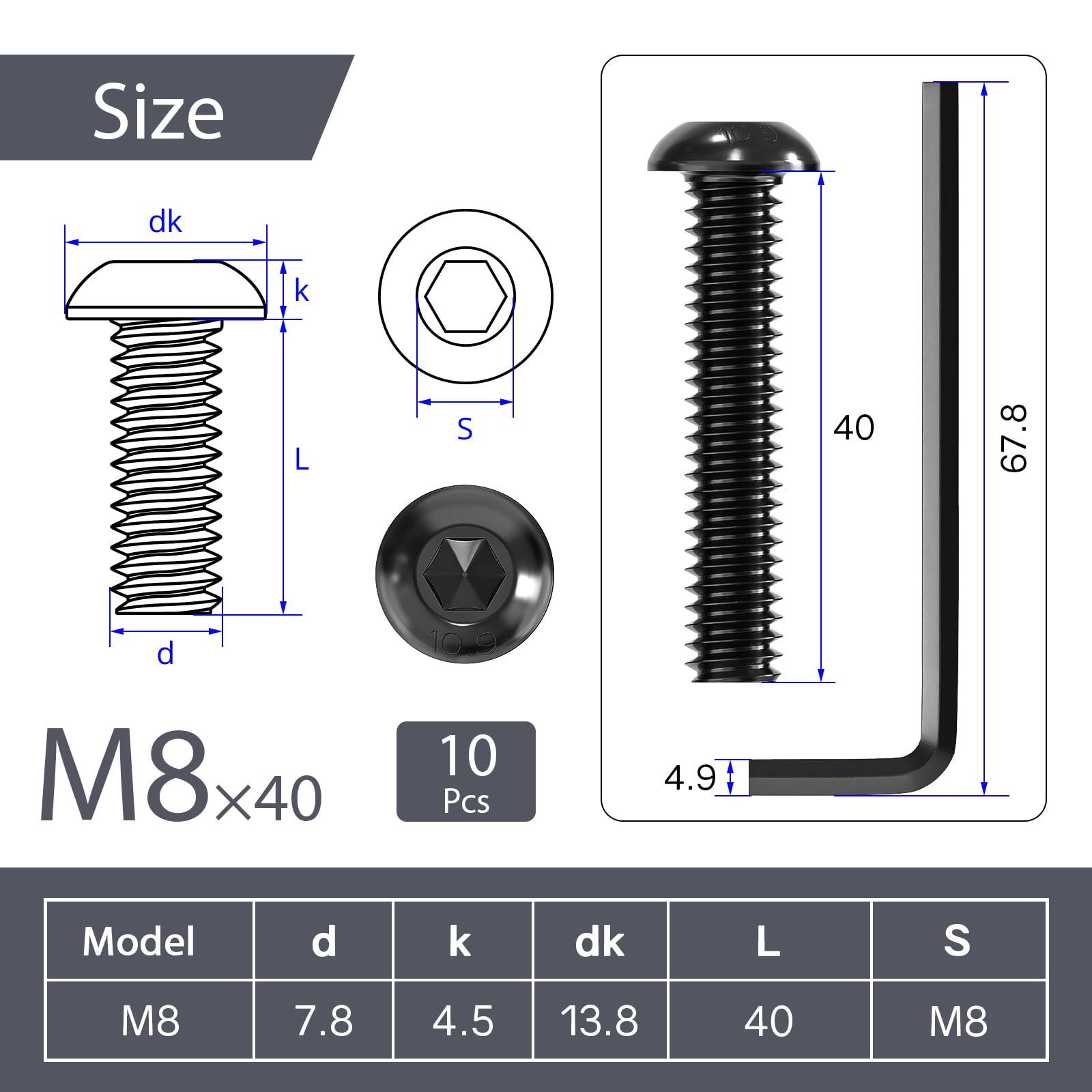 Wavanta M8 Bolts, M8 x 40mm Button Head Screws, Allen Socket Bolts Screws, Carbon Steel 10.9 Grade, Black Oxide Finish, Pack of 10 - Image 2